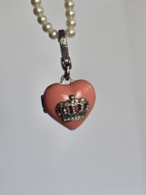 Juicy Couture Pink Heart Locket Charm On Vintage Faux Pearl Necklace Y2K